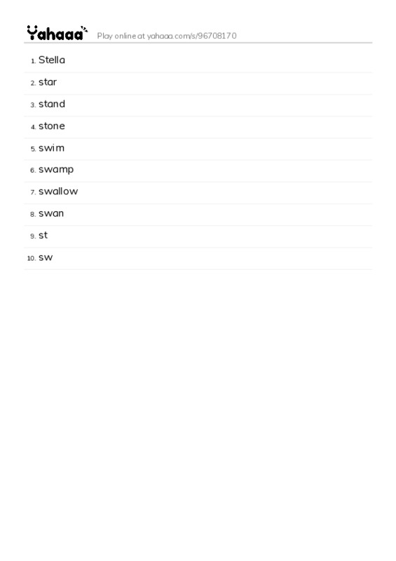 Word list with meanings worksheet for Stella, star, stand and 7 more
