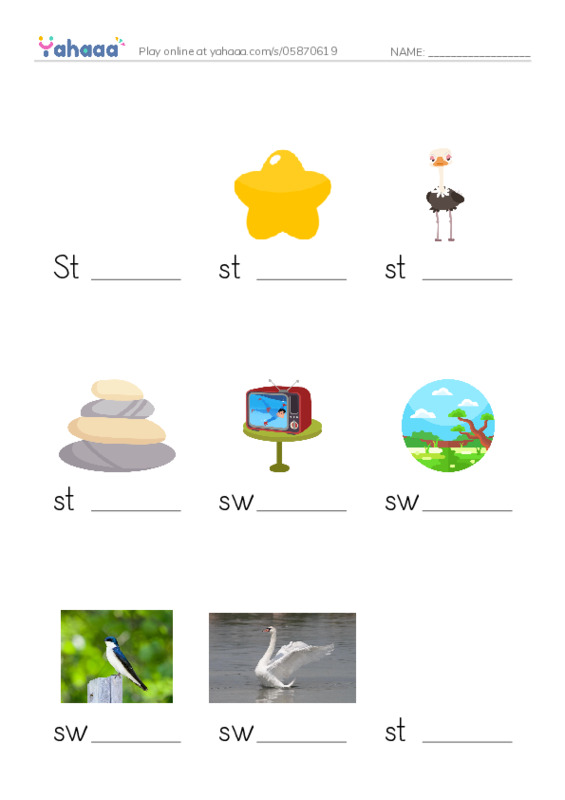 Finish the word worksheet for Stella, star, stand and 7 more