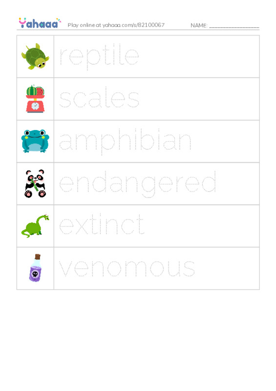 Picture and word rows worksheet for reptile, scales, amphibian and 3 more
