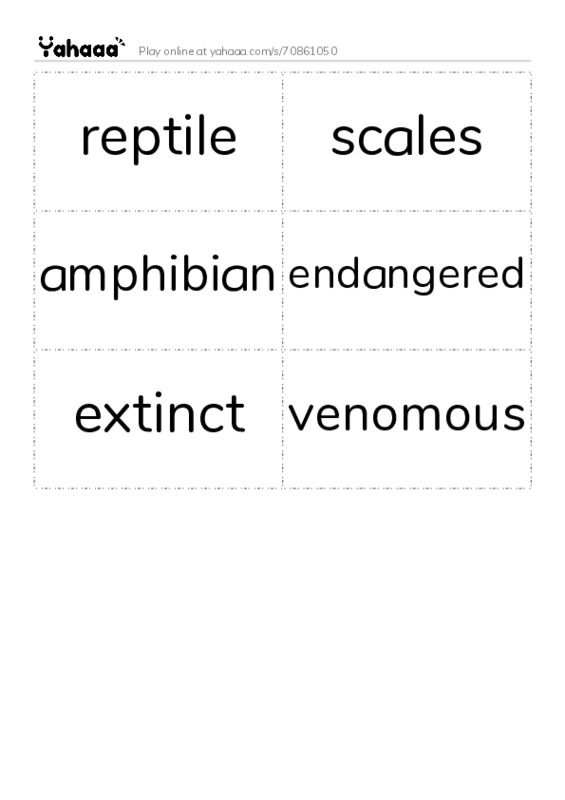 Word flashcards worksheet for reptile, scales, amphibian and 3 more