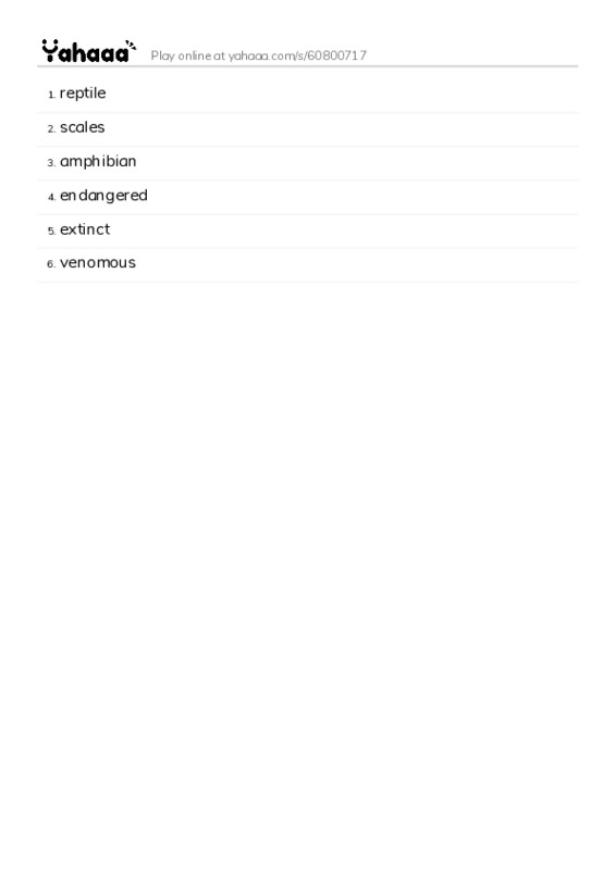 Word list with meanings worksheet for reptile, scales, amphibian and 3 more