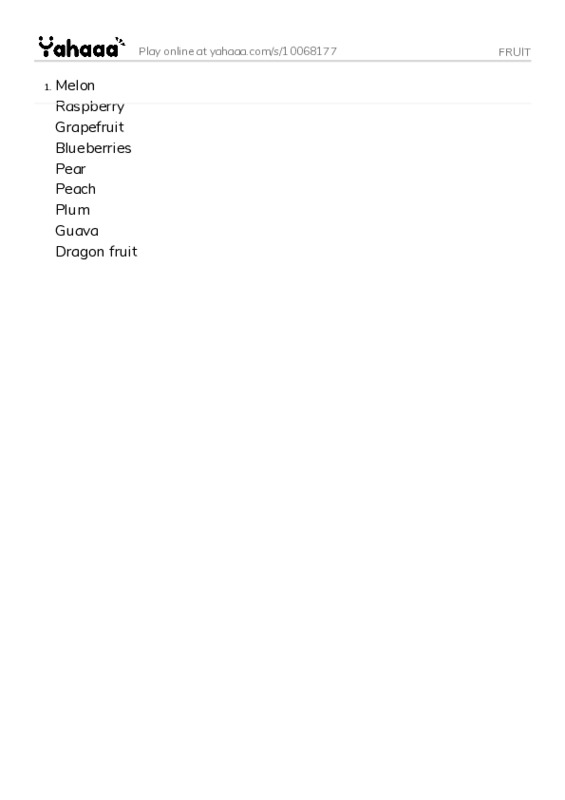 Word list with meanings worksheet for FRUIT