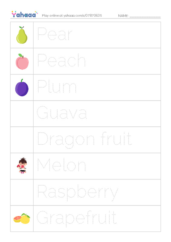 Picture and word rows worksheet for FRUIT