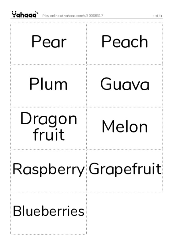 Word flashcards worksheet for FRUIT