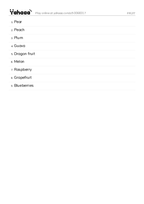 Word list with meanings worksheet for FRUIT
