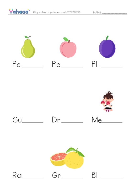 Finish the word worksheet for FRUIT