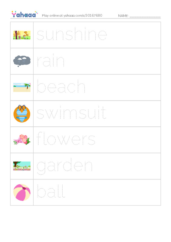 Picture and word rows worksheet for summer