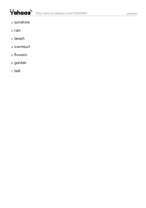 Word list with meanings worksheet for summer