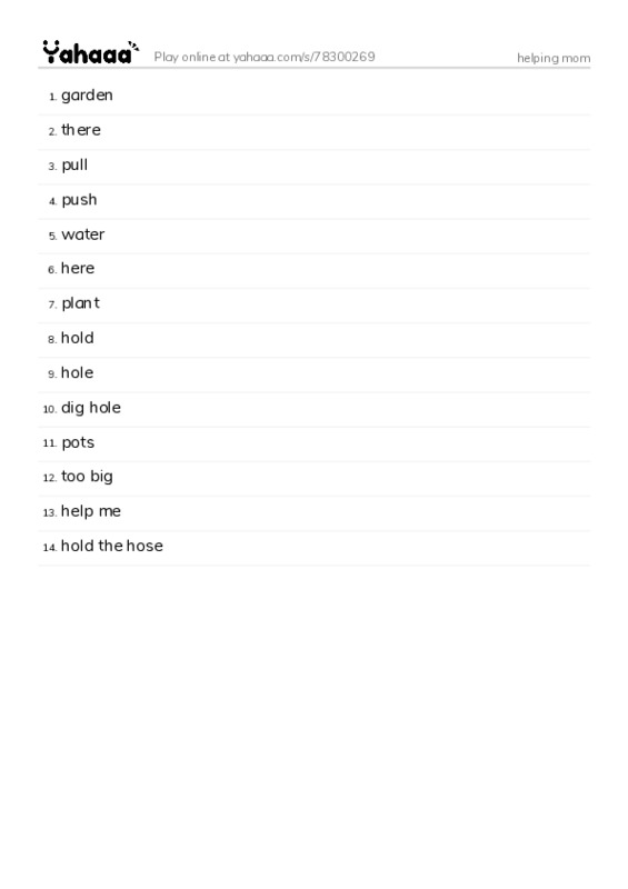 Word list with meanings worksheet for helping mom