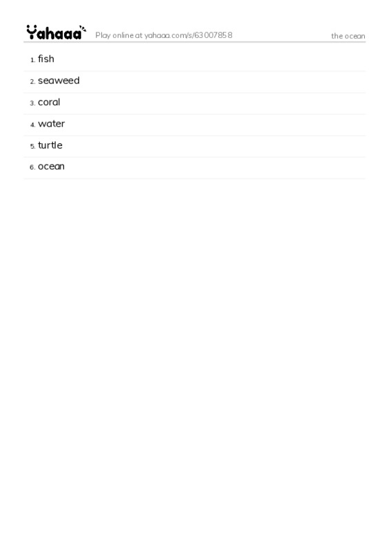 Word list with meanings worksheet for the ocean