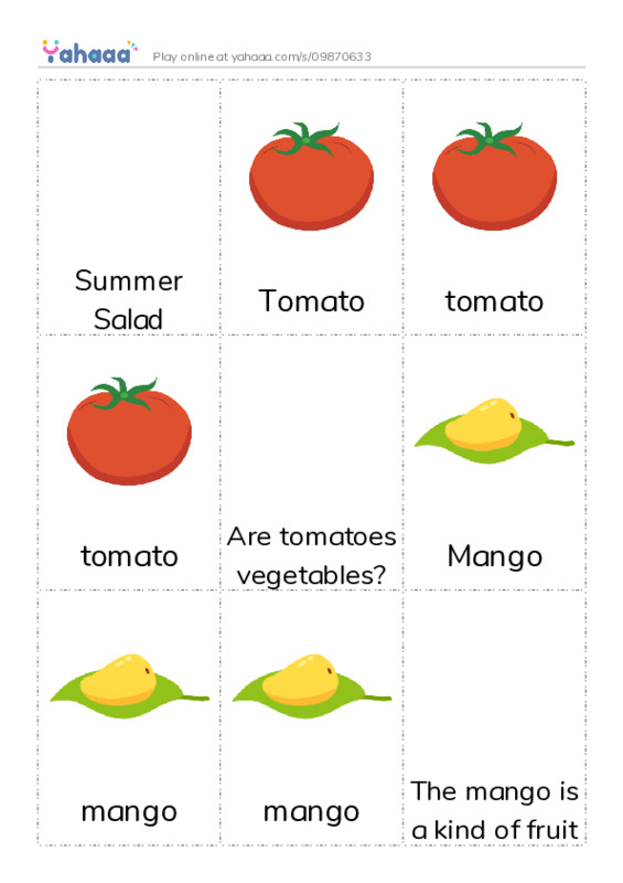Picture flashcards worksheet for Summer Salad, Tomato, tomato and 10 more