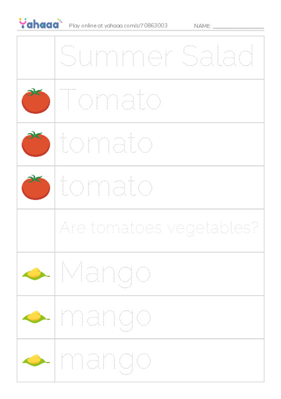 Picture and word rows worksheet for Summer Salad, Tomato, tomato and 10 more