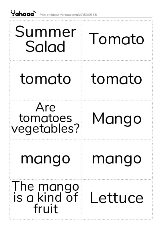 Word flashcards worksheet for Summer Salad, Tomato, tomato and 10 more