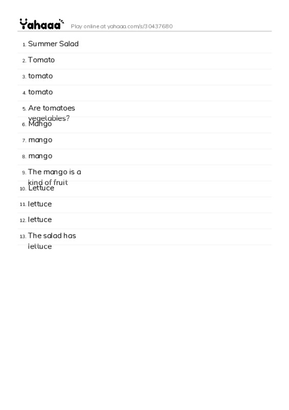 Word list with meanings worksheet for Summer Salad, Tomato, tomato and 10 more
