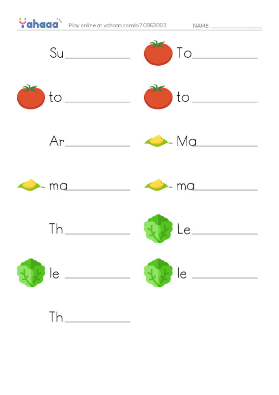 Write the word rows worksheet for Summer Salad, Tomato, tomato and 10 more