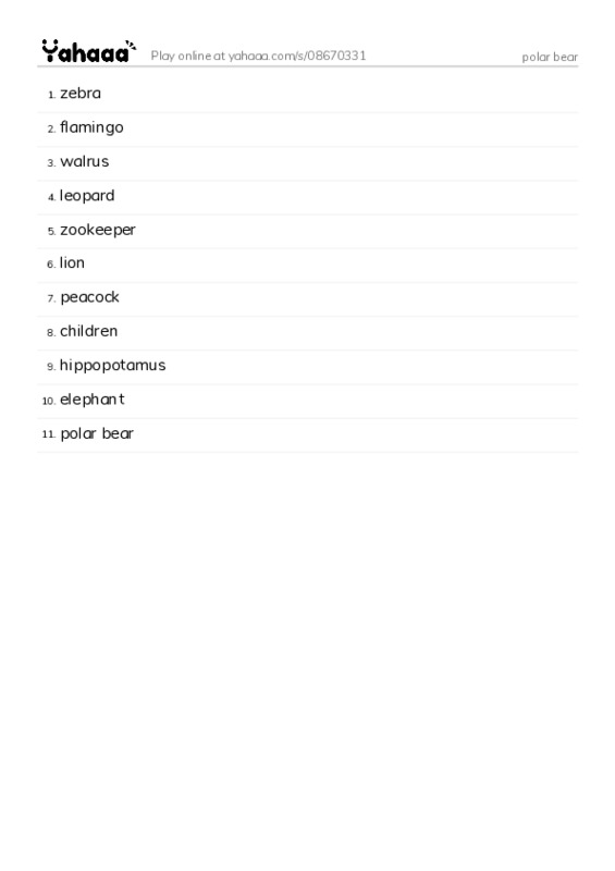 Word list with meanings worksheet for polar bear
