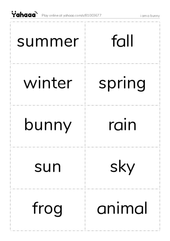 Word flashcards worksheet for i am a bunny