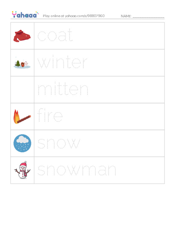 Picture and word rows worksheet for winter