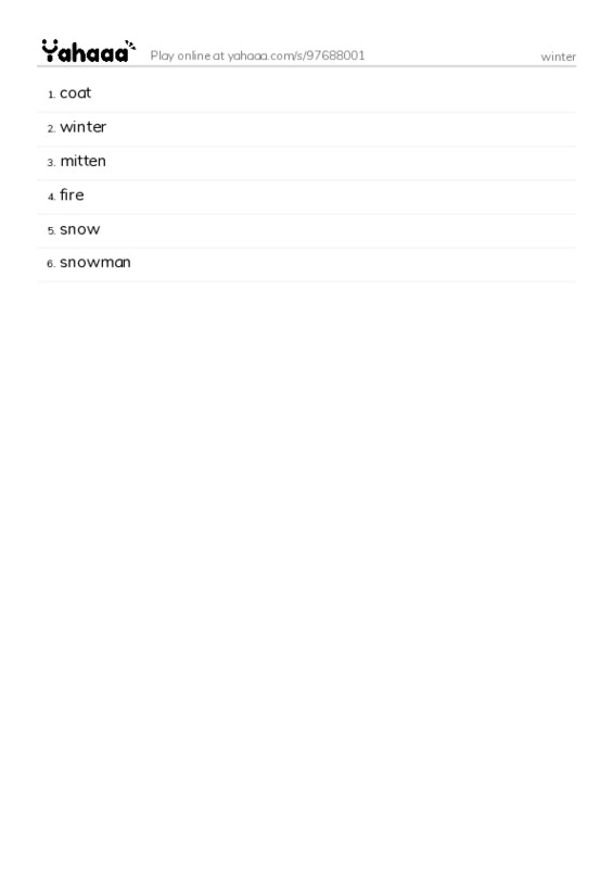 Word list with meanings worksheet for winter