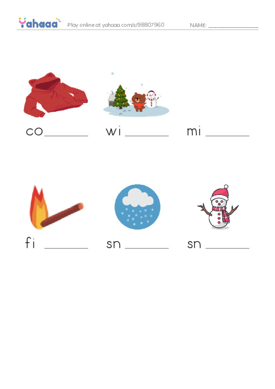 Finish the word worksheet for winter