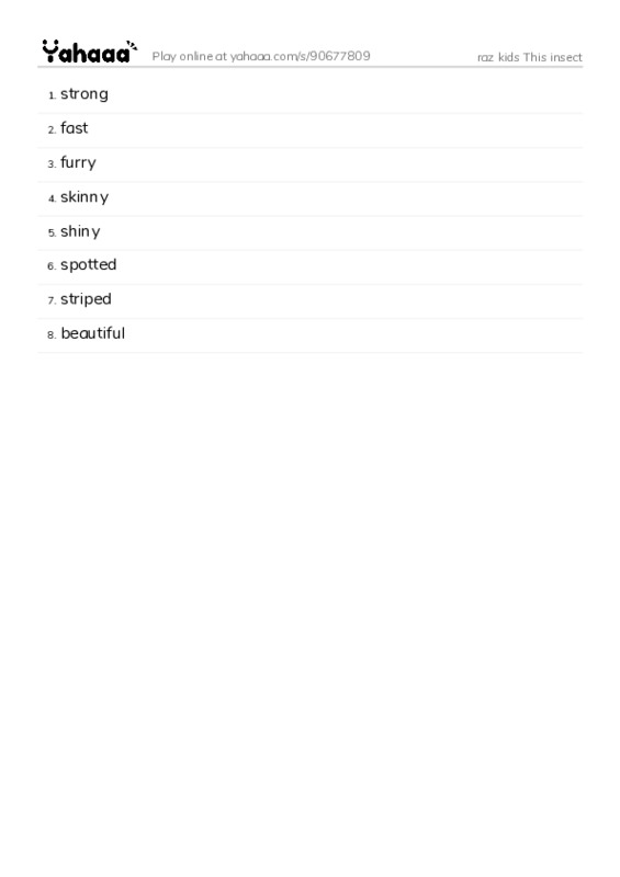 Word list with meanings worksheet for raz kids This insect
