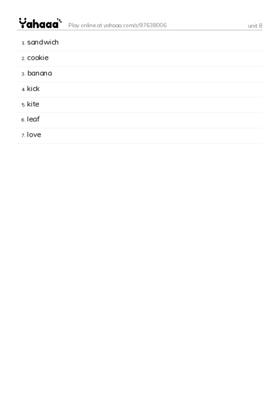 Word list with meanings worksheet for unit 8