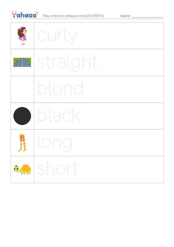 Picture and word rows worksheet for my hair