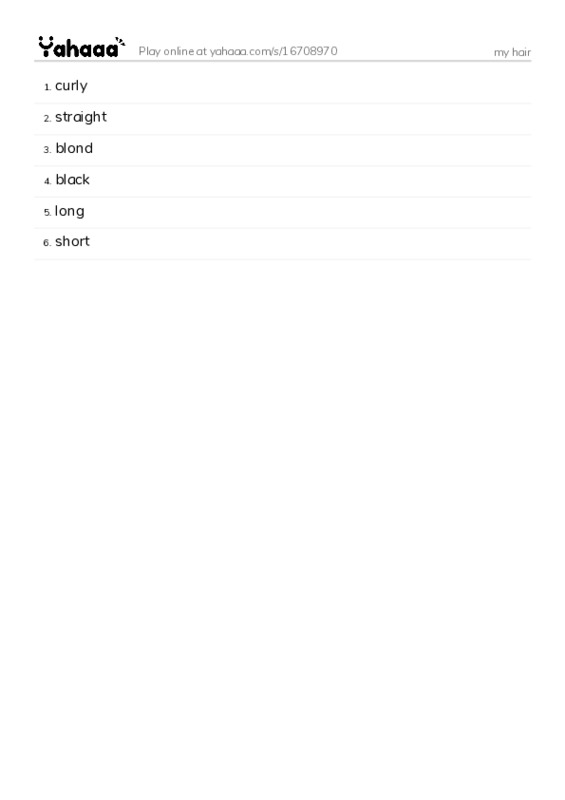 Word list with meanings worksheet for my hair