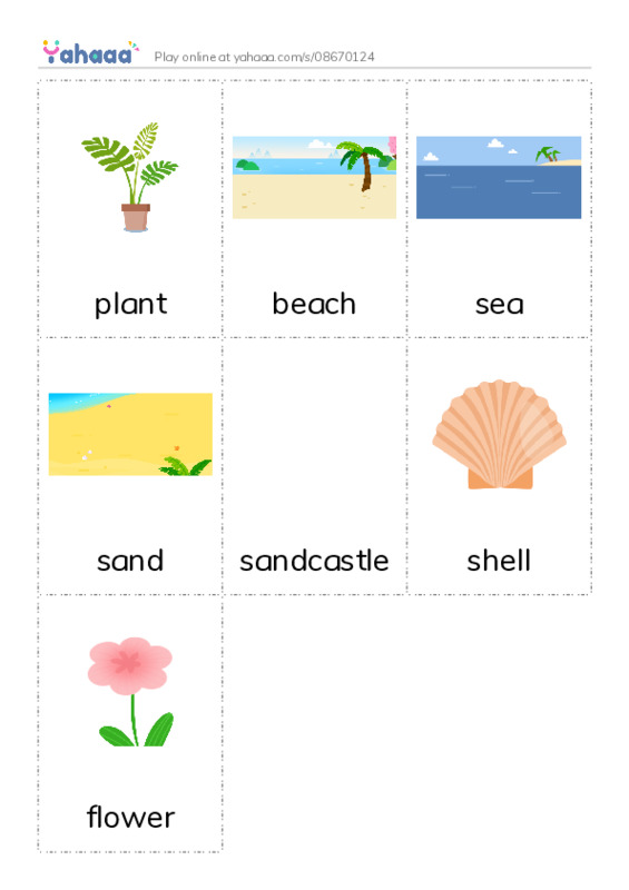 Picture flashcards worksheet for plant, beach, sea and 4 more