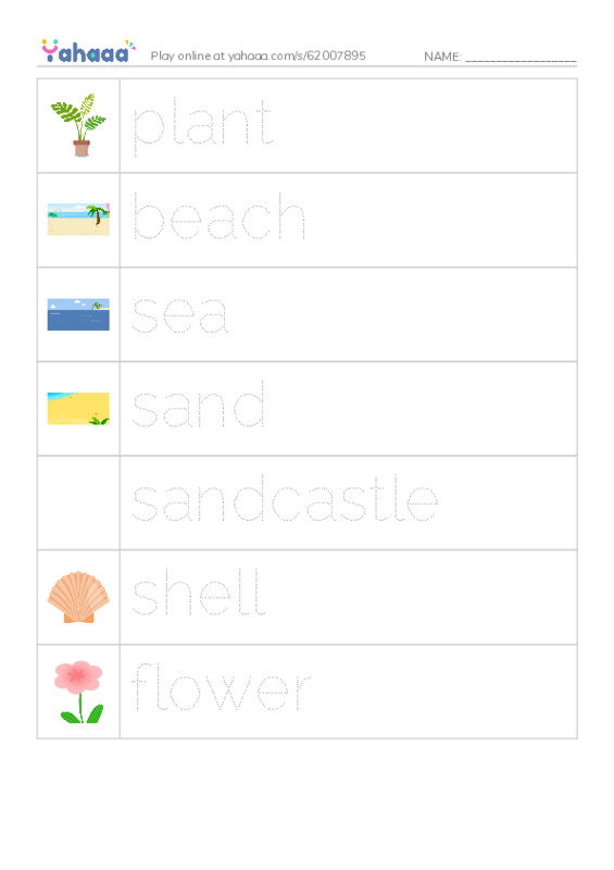 Picture and word rows worksheet for plant, beach, sea and 4 more