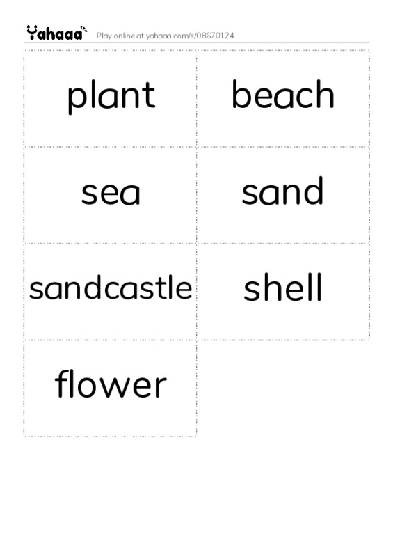 Word flashcards worksheet for plant, beach, sea and 4 more