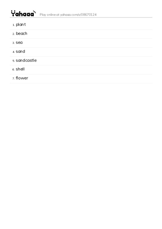 Word list with meanings worksheet for plant, beach, sea and 4 more