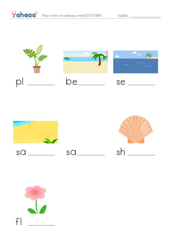 Finish the word worksheet for plant, beach, sea and 4 more