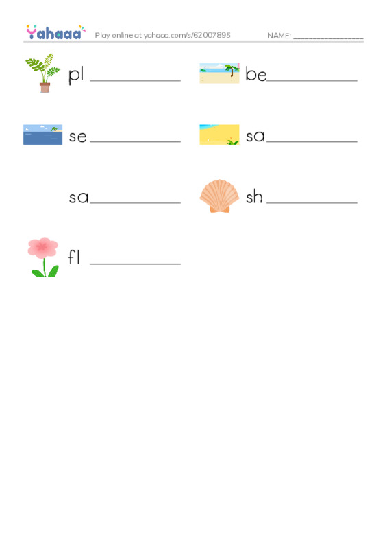 Write the word rows worksheet for plant, beach, sea and 4 more