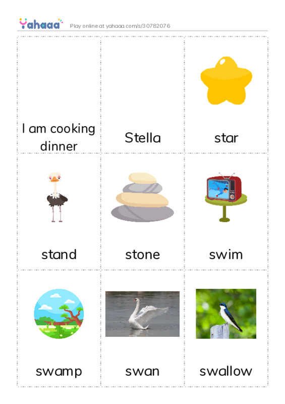 Picture flashcards worksheet for I am cooking dinner, Stella, star and 12 more