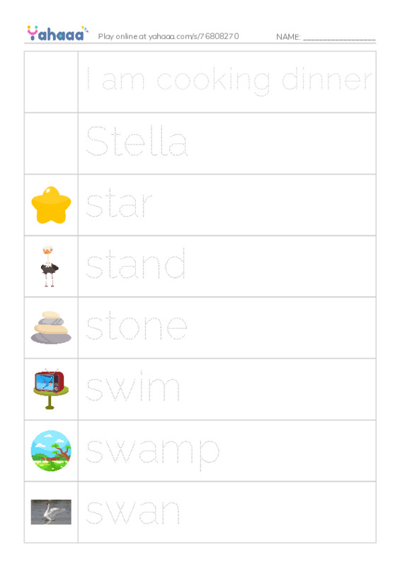 Picture and word rows worksheet for I am cooking dinner, Stella, star and 12 more