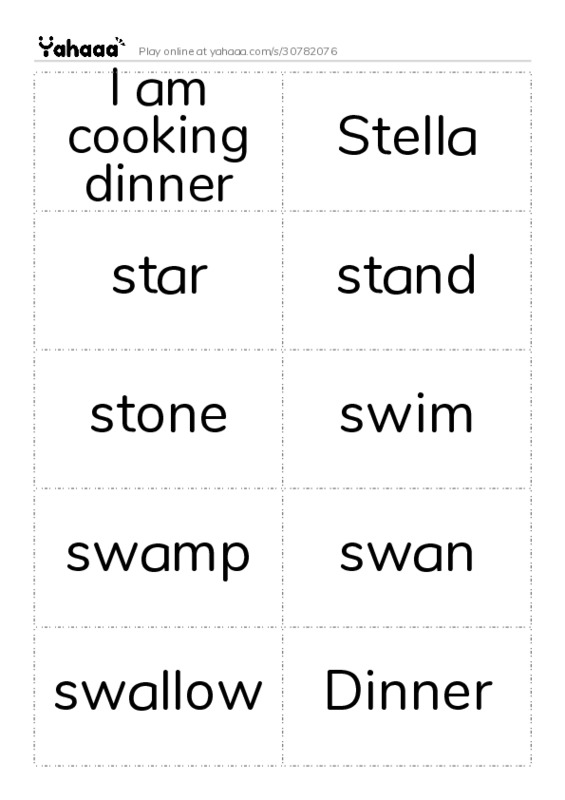 Word flashcards worksheet for I am cooking dinner, Stella, star and 12 more