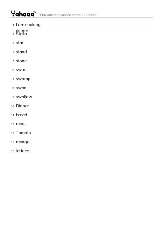 Word list with meanings worksheet for I am cooking dinner, Stella, star and 12 more