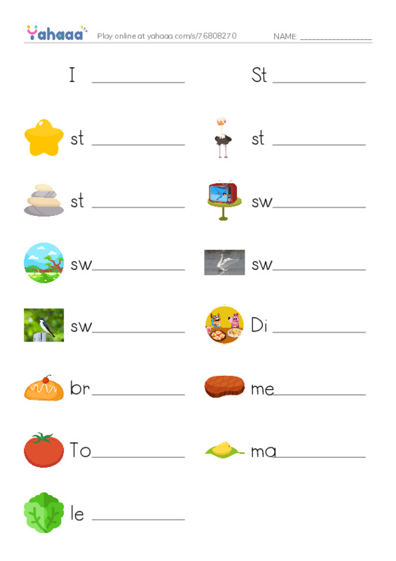 Write the word rows worksheet for I am cooking dinner, Stella, star and 12 more