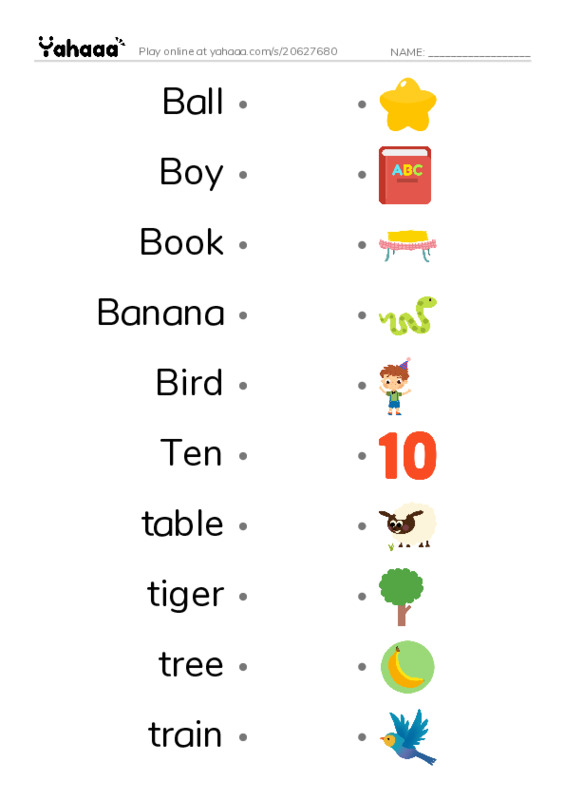 Draw a line to match worksheet for Ball, Boy, Book and 12 more