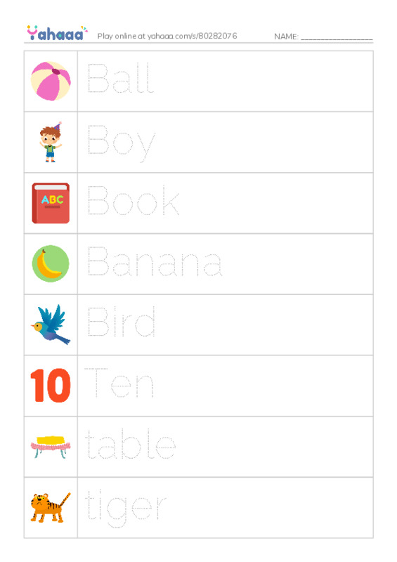 Picture and word rows worksheet for Ball, Boy, Book and 12 more