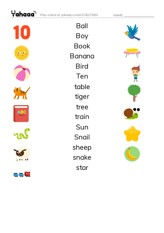 Match both sides worksheet for Ball, Boy, Book and 12 more