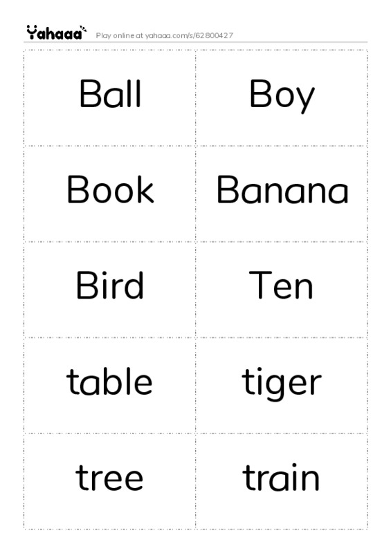 Word flashcards worksheet for Ball, Boy, Book and 12 more