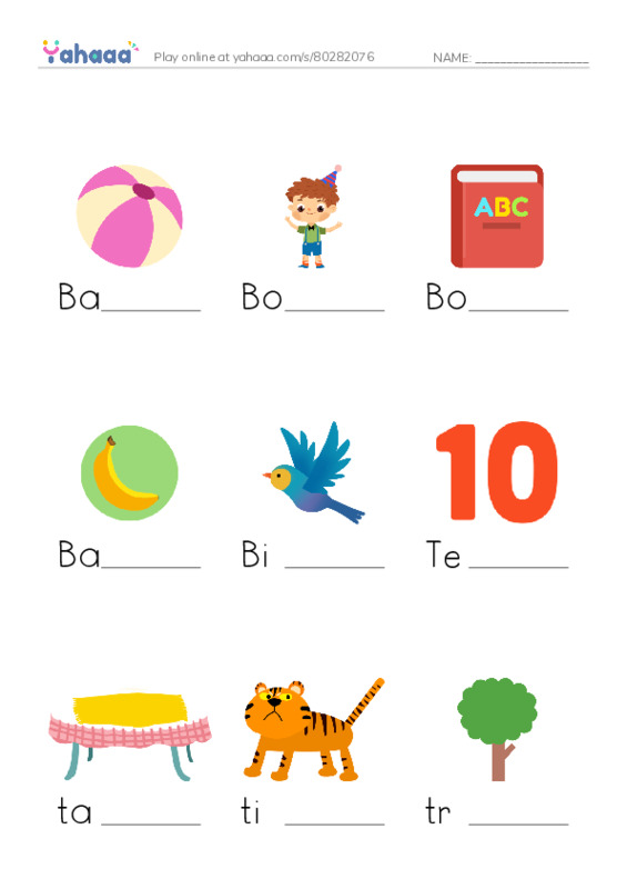 Finish the word worksheet for Ball, Boy, Book and 12 more