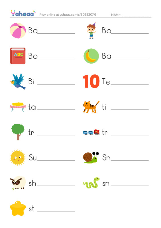 Write the word rows worksheet for Ball, Boy, Book and 12 more