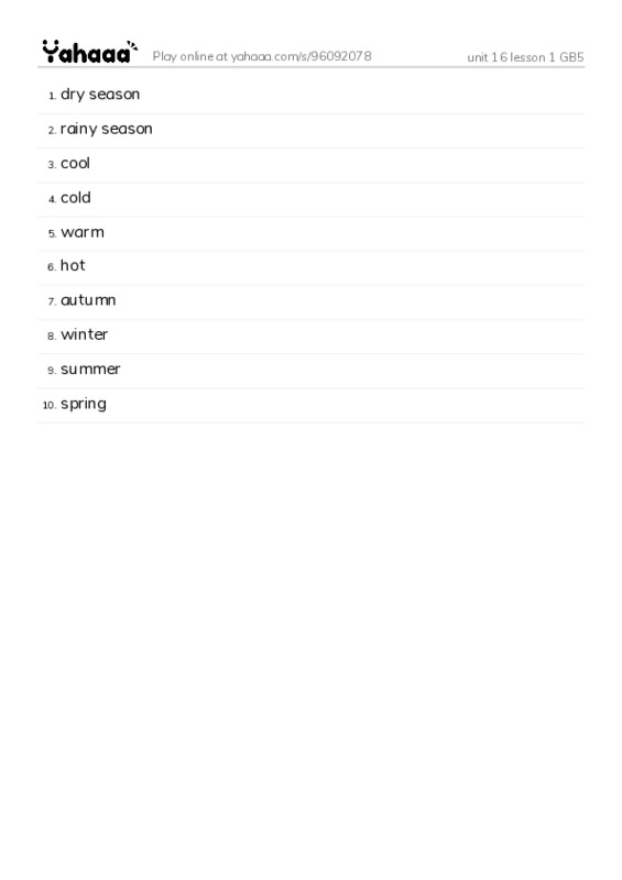 Word list with meanings worksheet for unit 16 lesson 1 GB5