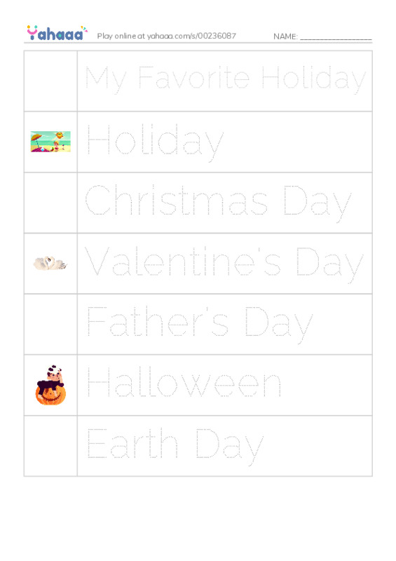 Picture and word rows worksheet for My Favorite Holiday, Holiday, Christmas Day and 4 more