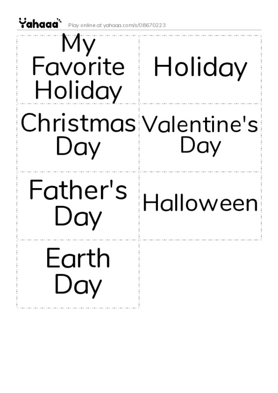 Word flashcards worksheet for My Favorite Holiday, Holiday, Christmas Day and 4 more