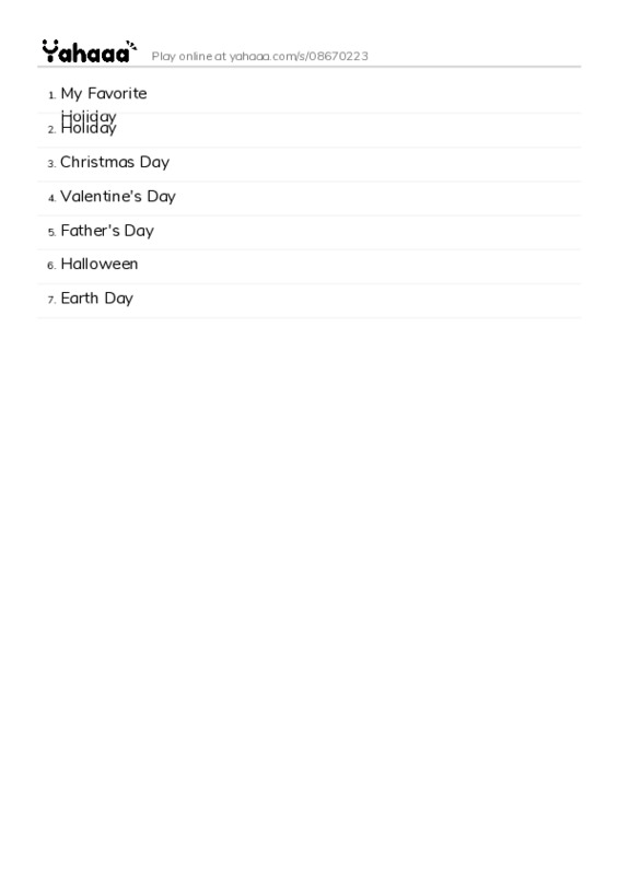 Word list with meanings worksheet for My Favorite Holiday, Holiday, Christmas Day and 4 more
