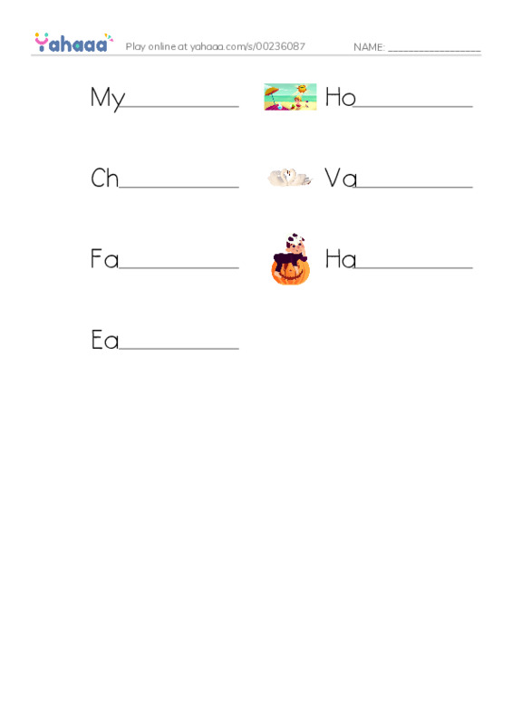 Write the word rows worksheet for My Favorite Holiday, Holiday, Christmas Day and 4 more